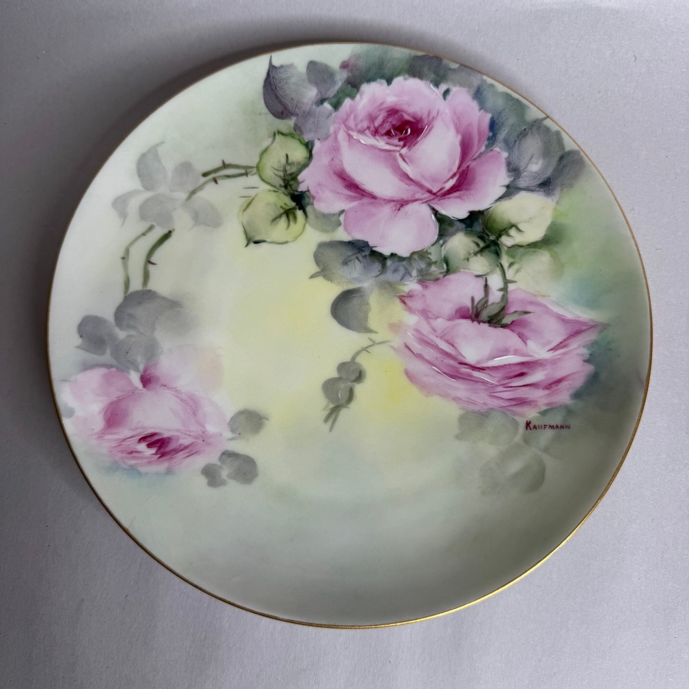 Haviland France Limoges Hand Painted Pink Rose Plate Signed Kaufmann Gold Trim